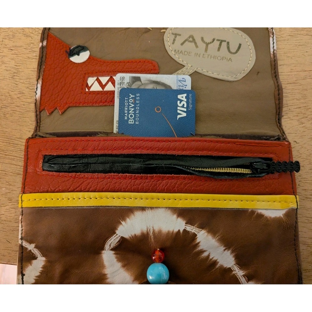 Taytu Ethiopia Brown Tie Dye Leather Monster Clutch Wallet Bead Closure - Picture 4 of 12